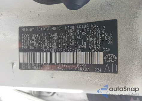 2012 Toyota Corolla Le from USA, damaged, VIN 2T1BU4EE4CC847865